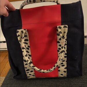 Vineyard Vines Red and Black Tote with Animal Print Accents